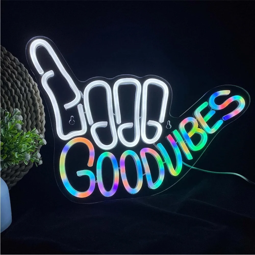 Neon Sign Good Vibes Pink White Hippie Retro 90s Party Birthday Room Light Decor